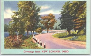 Vintage Linen Postcard Greetings from New London Ohio Curved Road