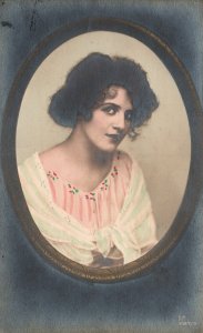 Woman in Pink Dress White Shaw Dark Hair Portrait RPPC Postcard