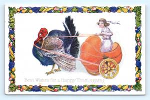 Postcard Thanksgiving Girl in Pumpkin Chariot Pulled By Turkey J14