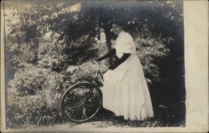 Woman in Dress & Hat w/ Her Bicycle 1908 Used Real Photo Postcard