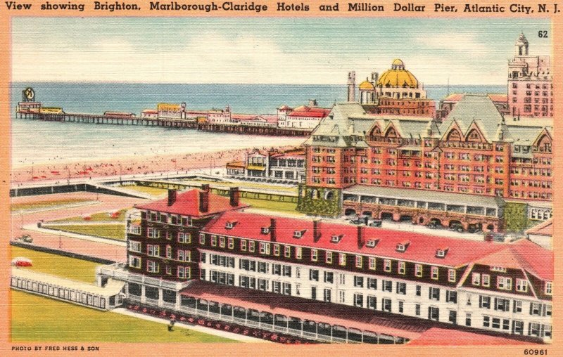 Vintage Postcard 1920s Brighton Malborough-Claridge Hotels Pier Atlantic City NJ