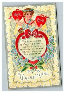 Vintage 1909 Valentines Postcard Cupid Holds Two Hearts True Love Silver Border