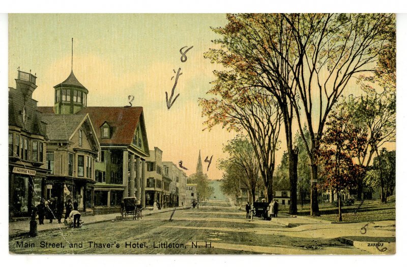 NH - Littleton. Main Street Showing Thayer's Hotel circa 1908  (crease)