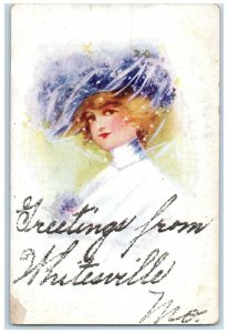 1905 Greetings From Whitesville Missouri Glitter Woman Vintage Unposted Postcard