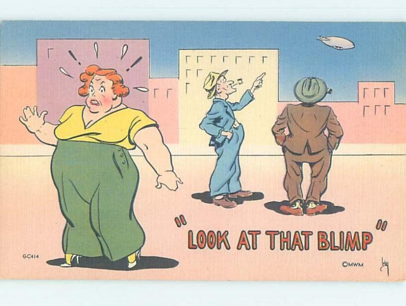 Linen comic signed FAT WOMAN MISTAKENLY THINKS SHE WAS CALLED A BLIMP HL3481