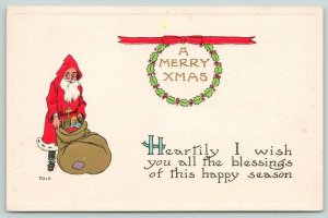 Christmas~Santa In Red Hooded Robe~Ermine Trim~Patch On Toy Bag~Holly Wreath