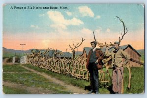Butte Montana Postcard Fence Elk Horns Exterior View Field c1910 Vintage Antique