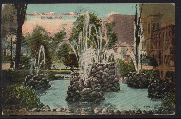 Detroit MI Fountain Washington Boulevard 1915 used colour PC