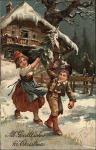 PFB No 7143 Christmas Boy and Girl with Tree c1910 Vintage Postcard