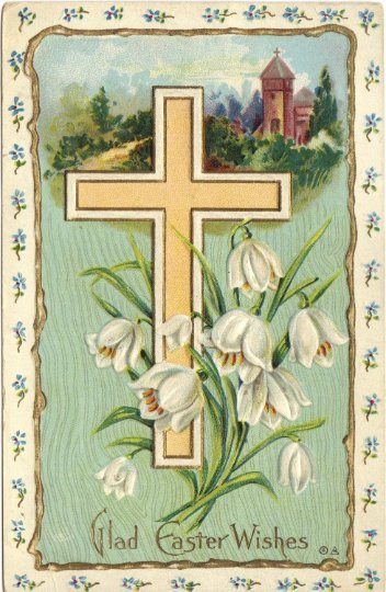 Cross and Coral Bells Easter Greeting Vintage Postcard