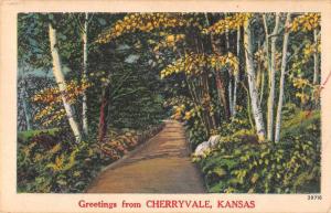 Cherryvale Kansas Greetings From wooded country road linen antique pc Z40864