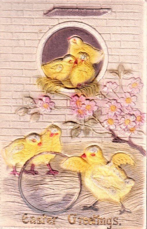 Super Easter Greetings Card with built up chicks, flowers and wall.