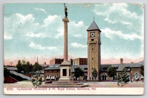 Baltimore MD Confederate Monument & Mt Royal Station c1907 Postcard R21