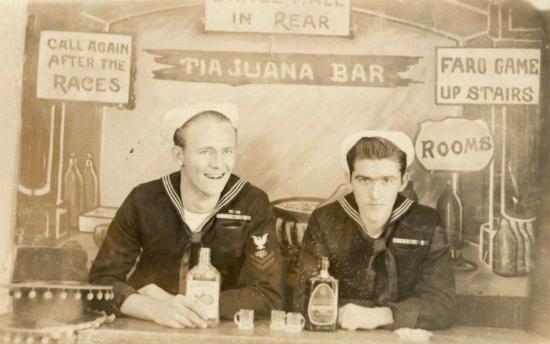 1940's RPPC WWII U.S. Sailors In Tiajuana Bar Studio Photo Drinking Y6