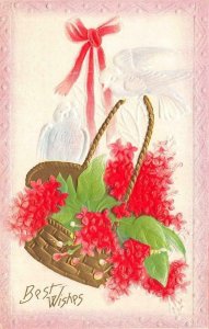 Greetings  BEST WISHES  Gold Basket~Doves~Red Flowers ca1910's Embossed Postcard