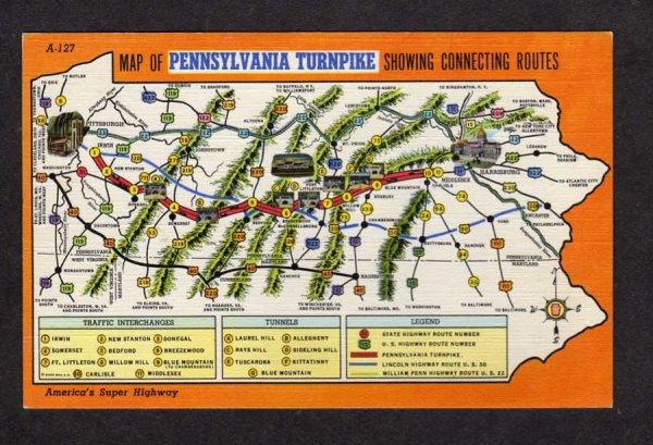 PA State Map Pennsylvania Turnpike Highway Routes Linen Postcard Penn PC