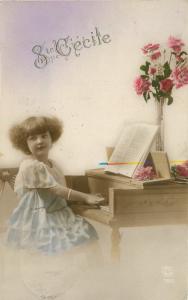 1924 Girl Child Piano Music hand colored RPPC Dress real photo 2685