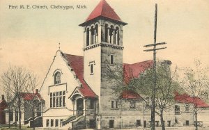 Hand Colored Postcard  First M.E. Methodist Episcopal Church Cheboygan