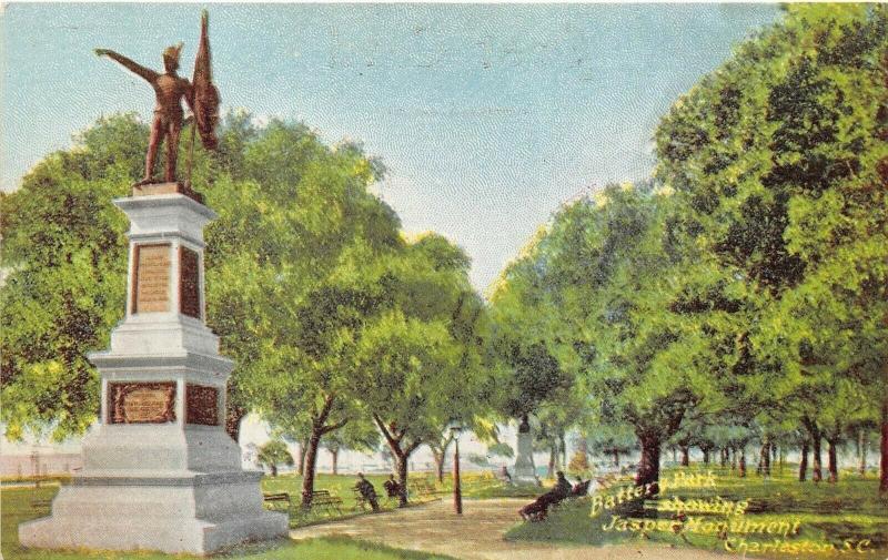 Charleston South Carolina c1910 Postcard Battery Park Showing Jasper Monument