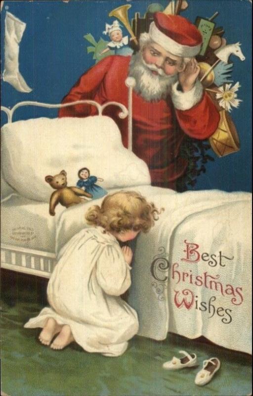 Christmas Santa Claus Listens to Little Girls Prayers Clapsaddle Postcard