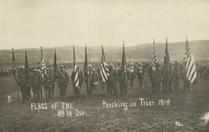 GENERAL PERSHING IN TRIER 1919 WWI ANTIQUE REAL PHOTO POSTCARD RPPC US FLAGS