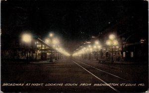 Postcard Broadway at Night, Looking South from Washington in St. Louis, Missouri