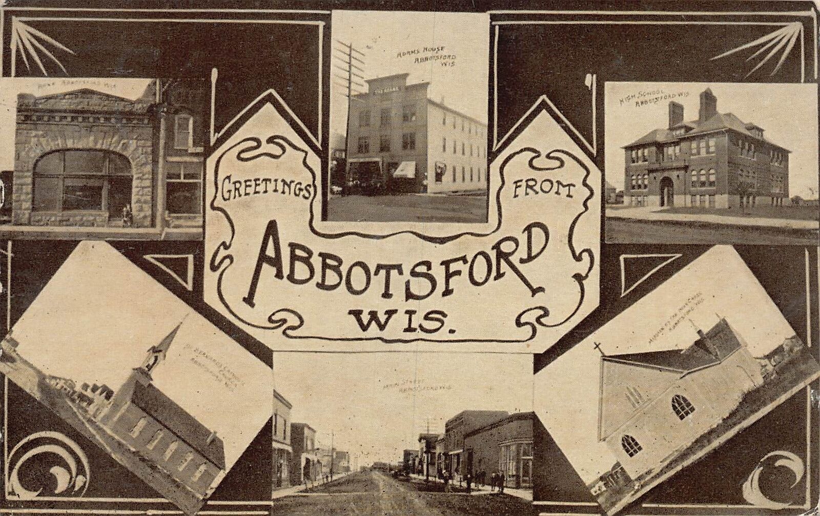 J74/ Abbotsford Wisconsin Postcard c1910 6View Bank Hotel Stores 135