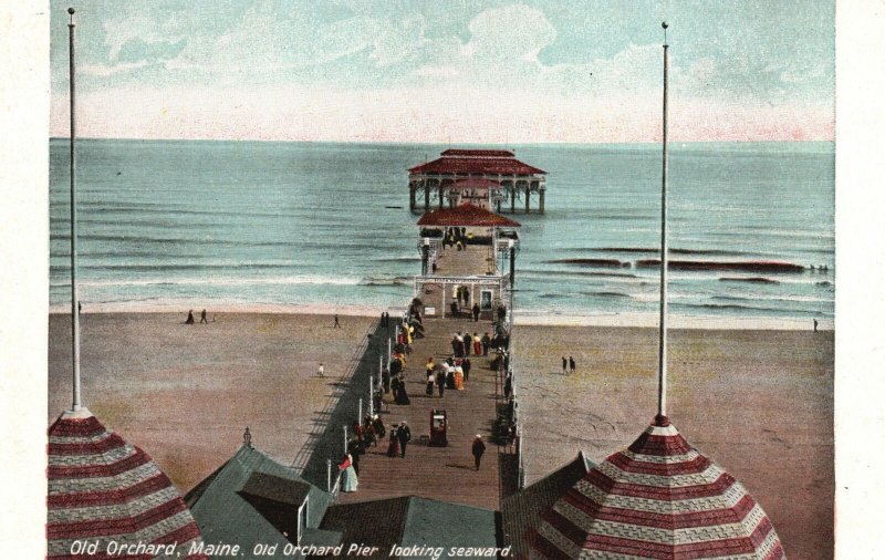 Old Orchard ME-Maine, Old Orchard Pier Looking Seaward Beach, Vintage Postcard