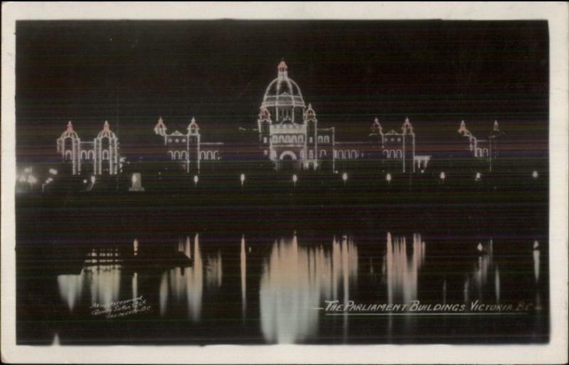 Victoria BC Parliament Bldgs at Night c1920 Tinted Real Photo Postcard