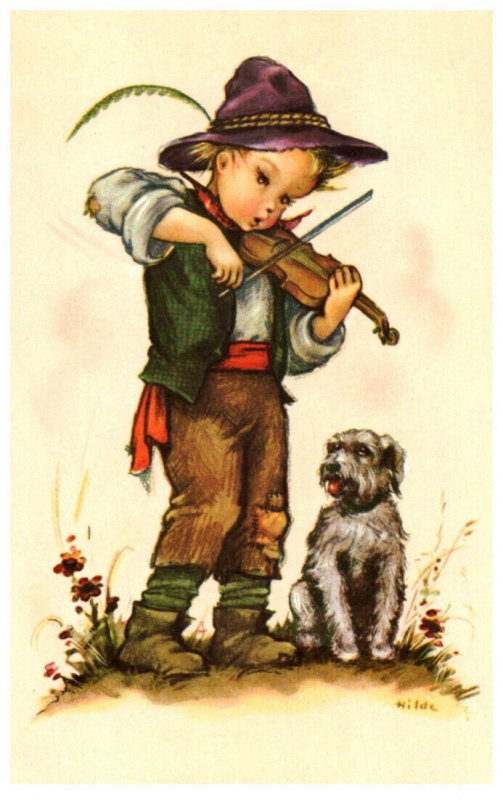 Child , playing Violin, Dog , signed Alfrecd Mainzer