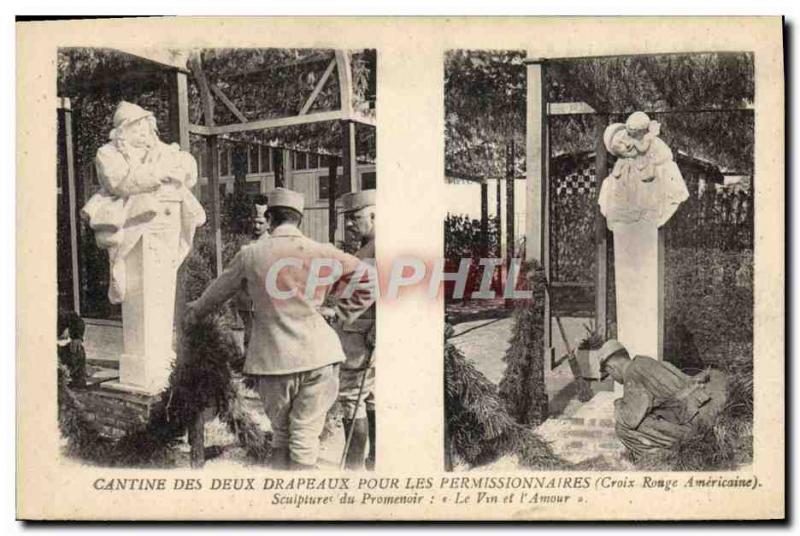 Old Postcard Army Canteen two flags for the American Red Cross on leave Sculp...