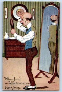c1910's Bald Man Mirror When Fond Recollections Come Back To Me Antique Postcard