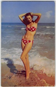 Risque Pin-Up Girl BATHING BEAUTY Polka Dot Bikini Beach 1960s Vintage Postcard