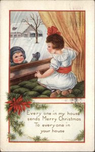 Whitney Christmas Little Boy Comes to Window for Girl Vintage Postcard