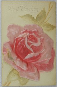Best Wishes Bright Beautiful Pink Rose Embroidered - Vintage Postcard