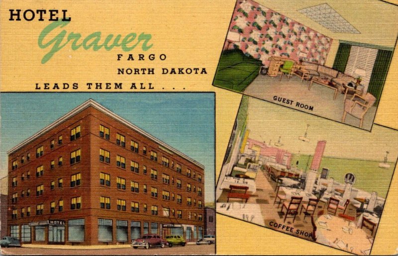 North Dakota Fargo Hotel Graver Showing Guest Room and Coffee Shop 1961 Curteich