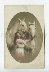 431951 Girl with two white horses Vintage GG photo postcard