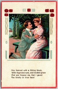 Romantic Couple, Kneeling Man & Woman Gazing Affectionate Poetic Verse, Postcard