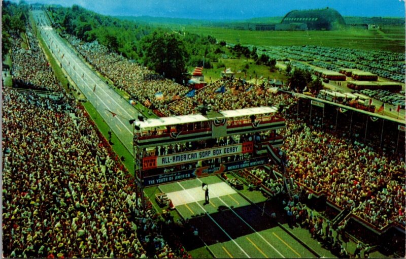 Postcard Aerial Derby Downs Akron Ohio American Soap Box Derby Auto Racing