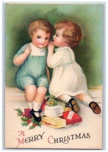 Christmas Postcard Cute Children Whispering Gifts Holly Berries Clapsaddle Wolf