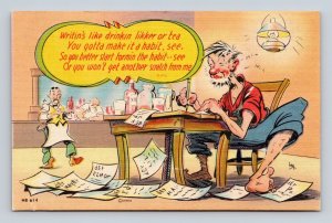 Comic Hillbilly Drunk in Saloon Waited For a Letter Poem UNP Linen Postcard I17