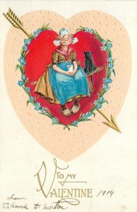 Postcard 1914 Brundage Valentine Girl Black cat heart TP24-4477