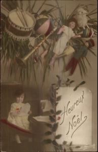 French Christmas - Child & Toys Doll Drum Ball Tinted Real Photo Postcard