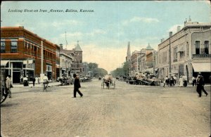 Salina Kansas Iron Ave People, Shops, Horse, Bicycle c1900-20s Vintage Postcard