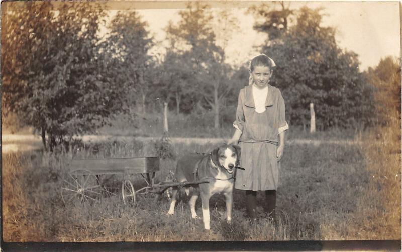 F27/ Animal RPPC Photo Postcard c1910 Dog Pulling Cart Girl 9