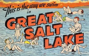 GREAT SALT LAKE Large Letter Linen Utah Greetings Comic c1940s Vintage Postcard