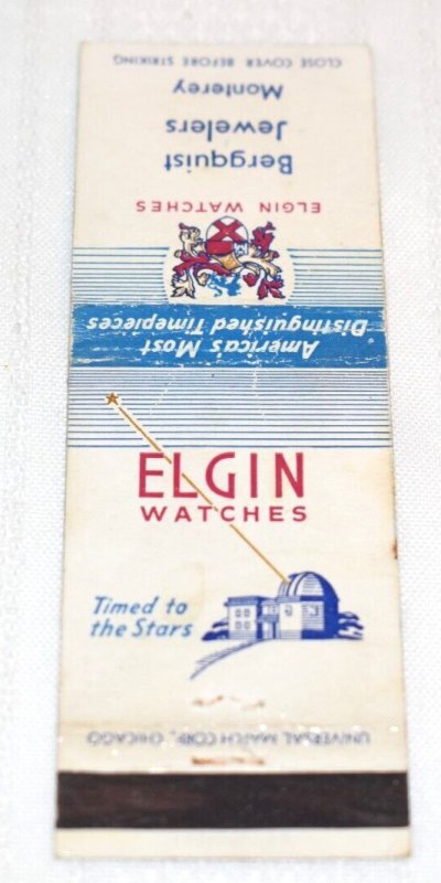 Elgin Watches Berquist Jewelers Monterey California 20 Strike Matchbook Cover