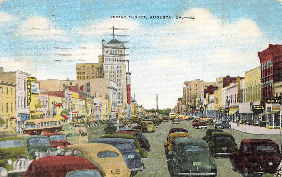 Broad Main Street Scene Old Cars Bus Stores Augusta GA Linen P187
