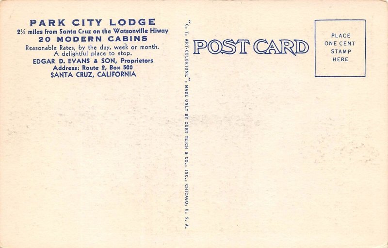 Santa Cruz California Park City Lodge, Color Linen Vintage Postcard U7684