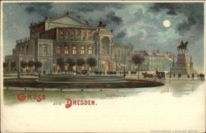 Gruss Aus Dresden Germany Hoftheater Moonlight c1900 Lithograph Postcard